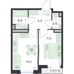 Планировка однокомнатной(квартира) площадью 38.3 квадратных метров в ЖК “ЖК G3 Михалевич”