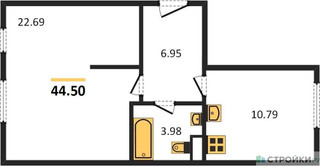 Планировка однокомнатной(апартаменты) площадью 44.5 квадратных метров в “ЖК Равновесие”