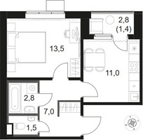 Планировка однокомнатной(квартира) площадью 36.8 квадратных метров в “ЖК 1-й Химкинский (Первый Химкинский)”