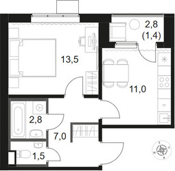 Планировка однокомнатной(квартира) площадью 36.8 квадратных метров в ЖК “ЖК 1-й Химкинский (Первый Химкинский)”