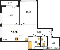 Планировка двухкомнатной(квартира) площадью 58.3 квадратных метров в “ЖК Южные сады”
