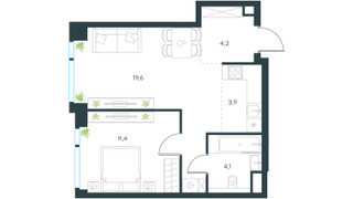 Планировка двухкомнатной(квартира) площадью 43.2 квадратных метров в “ЖК Левел Мичуринский”