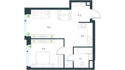 Планировка двухкомнатной(квартира) площадью 43.2 квадратных метров в ЖК “ЖК Левел Мичуринский”