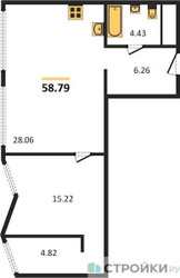 Планировка однокомнатной(апартаменты) площадью 58.79 квадратных метров в ЖК “ЖК Insider (Инсайдер)”