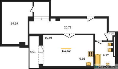 Планировка однокомнатной(апартаменты) площадью 117.5 квадратных метров в ЖК “ЖК Маршал”