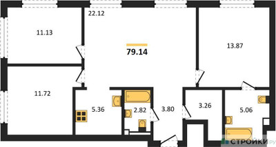 Планировка трехкомнатной(квартира) площадью 79.14 квадратных метров в ЖК “ЖК TATE (Тэйт)”