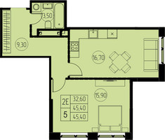Планировка двухкомнатной(квартира) площадью 45.4 квадратных метров в “ЖК 7 Небо (Седьмое Небо)”