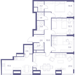 Планировка трехкомнатной(квартира) площадью 110.4 квадратных метров в ЖК “ЖК THE LOT by Akvilon”