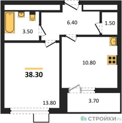Планировка однокомнатной(квартира) площадью 38.3 квадратных метров в ЖК “ЖК 1-й Южный (Первый Южный)”