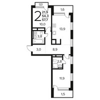 Планировка двухкомнатной(квартира) площадью 57.7 квадратных метров в “Новые Ватутинки. Заречный”