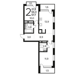 Планировка двухкомнатной(квартира) площадью 57.7 квадратных метров в ЖК “Новые Ватутинки. Заречный”