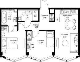 Планировка двухкомнатной(квартира) площадью 54.79 квадратных метров в “Дом премиум-класса МИРА”