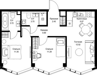 Планировка двухкомнатной(квартира) площадью 54.79 квадратных метров в ЖК “Дом премиум-класса МИРА”