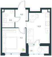 Планировка однокомнатной(квартира) площадью 34.7 квадратных метров в “ЖК Level Лесной”