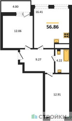 Планировка двухкомнатной(квартира) площадью 56.86 квадратных метров в ЖК “ЖК ВОСТОК II”