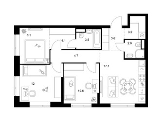 Планировка трехкомнатной(квартира) площадью 69.5 квадратных метров в ЖК “Бунинская набережная”