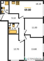 Планировка трехкомнатной(квартира) площадью 67.3 квадратных метров в “ЖК Дмитровское небо”