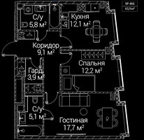 Планировка двухкомнатной(квартира) площадью 65.9 квадратных метров в “ЖК СЕЗАР БУДУЩЕЕ”