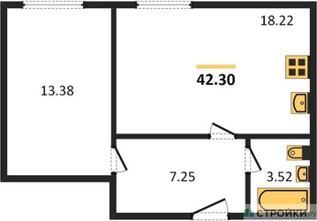 Планировка однокомнатной(апартаменты) площадью 42.3 квадратных метров в ЖК “ЖК Равновесие”