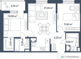 Планировка двухкомнатной(квартира) площадью 59 квадратных метров в “ЖК Светлый мир Станция Л”