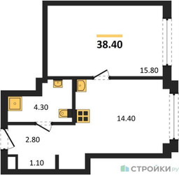 Планировка однокомнатной(квартира) площадью 38.4 квадратных метров в ЖК “Акценты”