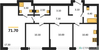Планировка трехкомнатной(квартира) площадью 71.7 квадратных метров в “ЖК Шагал”