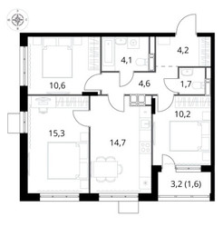 Планировка трехкомнатной(квартира) площадью 67 квадратных метров в ЖК “ЖК 1-й Саларьевский (Первый Саларьевский)”