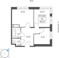 Планировка двухкомнатной(апартаменты) площадью 48.2 квадратных метров в “ЖК Волковская 67”