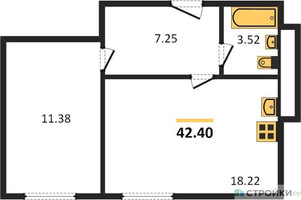 Планировка однокомнатной(апартаменты) площадью 42.4 квадратных метров в “ЖК Равновесие”