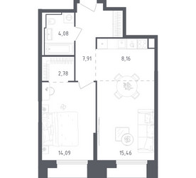 Планировка однокомнатной(апартаменты) площадью 52.48 квадратных метров в ЖК “ЖК Скай Спутник”