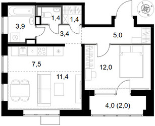 Планировка двухкомнатной(квартира) площадью 48 квадратных метров в ЖК “ЖК 1-й Химкинский (Первый Химкинский)”