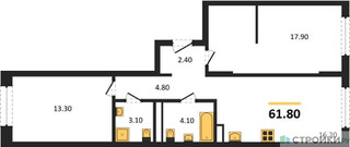 Планировка двухкомнатной(квартира) площадью 61.8 квадратных метров в “ЖК "Коллекция"”