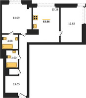 Планировка двухкомнатной(квартира) площадью 63.86 квадратных метров в “ЖК Residence Hall Шаболовский”