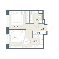 Планировка однокомнатной(квартира) площадью 39 квадратных метров в ЖК “ЖК Станиславский”