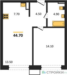 Планировка однокомнатной(квартира) площадью 44.7 квадратных метров в ЖК “ЖК Дзен-кварталы”