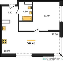 Планировка однокомнатной(квартира) площадью 54.2 квадратных метров в “ЖК Дзен-кварталы”