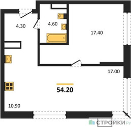 Планировка однокомнатной(квартира) площадью 54.2 квадратных метров в ЖК “ЖК Дзен-кварталы”