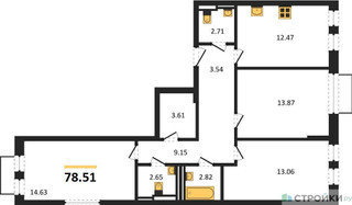 Планировка трехкомнатной(квартира) площадью 78.51 квадратных метров в “ЖК Рублевский Квартал”