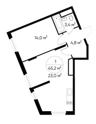 Планировка однокомнатной(квартира) площадью 45.2 квадратных метров в ЖК “ЖК Переделкино Ближнее”