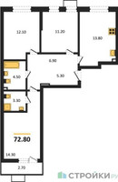 Планировка трехкомнатной(квартира) площадью 72.8 квадратных метров в “ЖК Прокшино”