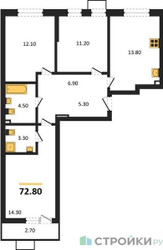 Планировка трехкомнатной(квартира) площадью 72.8 квадратных метров в ЖК “ЖК Прокшино”
