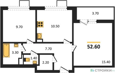 Планировка двухкомнатной(квартира) площадью 52.6 квадратных метров в ЖК “ЖК 1-й Донской (Первый Донской)”
