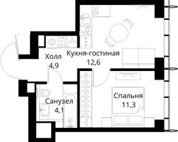 Планировка однокомнатной(квартира) площадью 32.9 квадратных метров в “ЖК Сити Бэй”