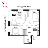 Планировка трехкомнатной(квартира) площадью 69.15 квадратных метров в “ЖК Инноватор”