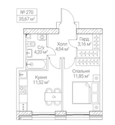 Планировка однокомнатной(квартира) площадью 35.67 квадратных метров в “ЖК Sezar City (Сезар Сити)”