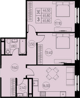 Планировка трехкомнатной(квартира) площадью 65.8 квадратных метров в “ЖК 7 Небо (Седьмое Небо)”