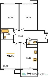 Планировка трехкомнатной(квартира) площадью 74.3 квадратных метров в ЖК “ЖК Датский Квартал”
