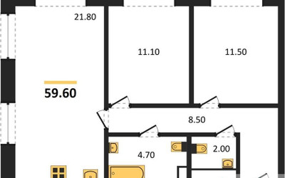 Планировка двухкомнатной(квартира) площадью 59.6 квадратных метров в ЖК “ЖК Обручева 30”
