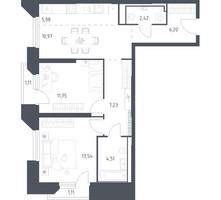 Планировка двухкомнатной(апартаменты) площадью 64.82 квадратных метров в “ЖК Скай Спутник”