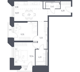 Планировка двухкомнатной(апартаменты) площадью 64.82 квадратных метров в ЖК “ЖК Скай Спутник”